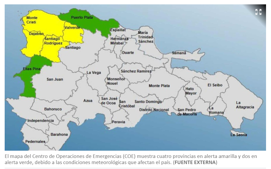 Cuatro provincias en alerta amarilla ante lluvias en República Dominicana